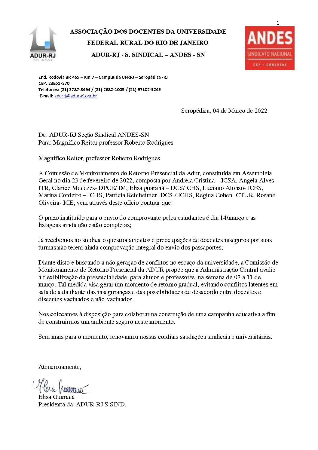 Comissão de Monitoramento de retorno da ADUR-RJ envia oficio para Reitoria