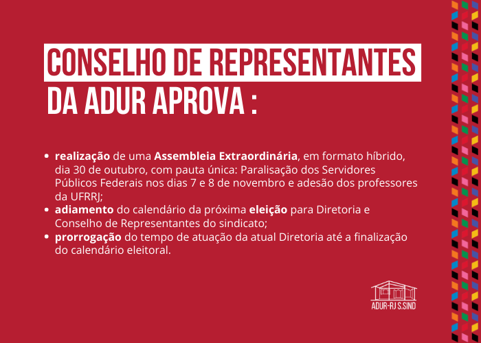 Conselho de Representantes decide adiar eleições da ADUR-RJ
