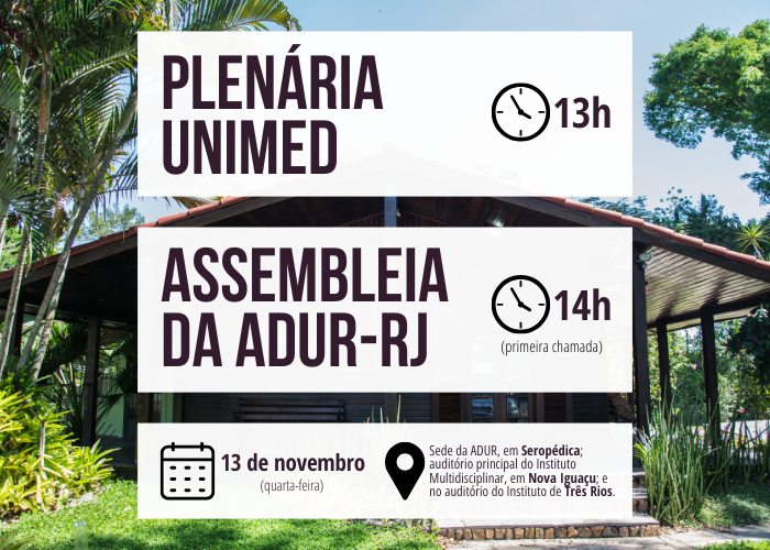 Plenária Unimed e Assembleia da ADUR dia 13 de novembro